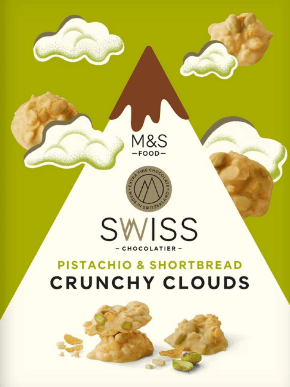 SWISS CHOCOLATIER (PISTACHIO & SHORTBREAD CRUNCHY CLOUDS)
