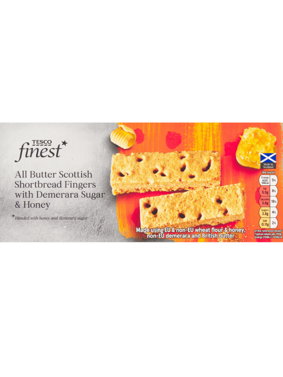 TESCO FINEST (ALL BUTTER SCOTTISH SHORTBREAD FINGERS WITH DEMERARA SUGAR & HONEY